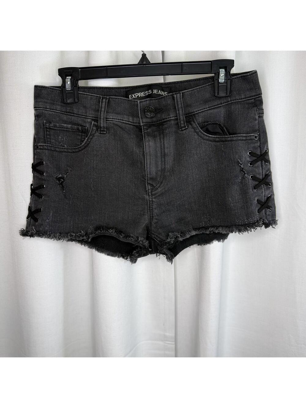 Express 8 Distress Black Denim Shorts with Side Lace-Up Detail Y2K Grunge style